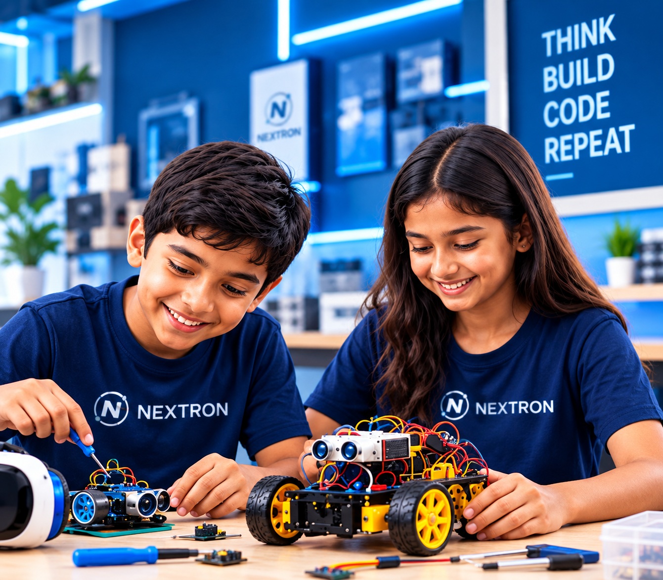 Two students assembling a four-wheeled robot